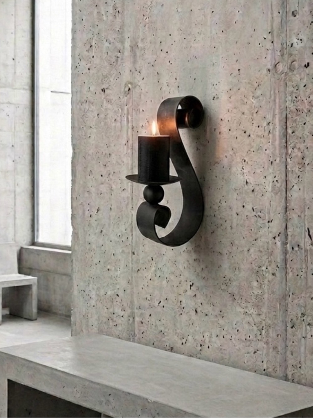Heavy Iron Wall Sconce Large Pillar Candle Holder Gothic Castle Brutalist Decor